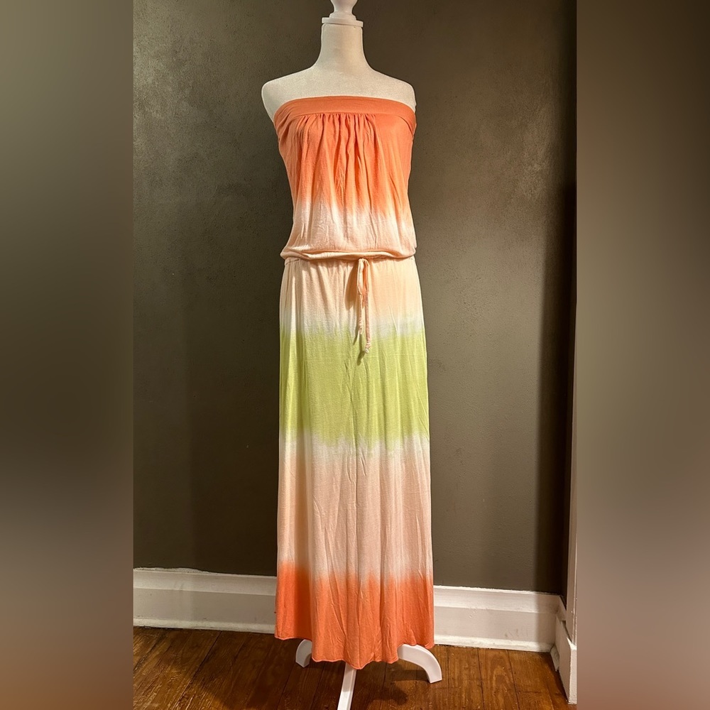 Strapless maxi dress XS, tie at waist, perfect condition, citrus colors